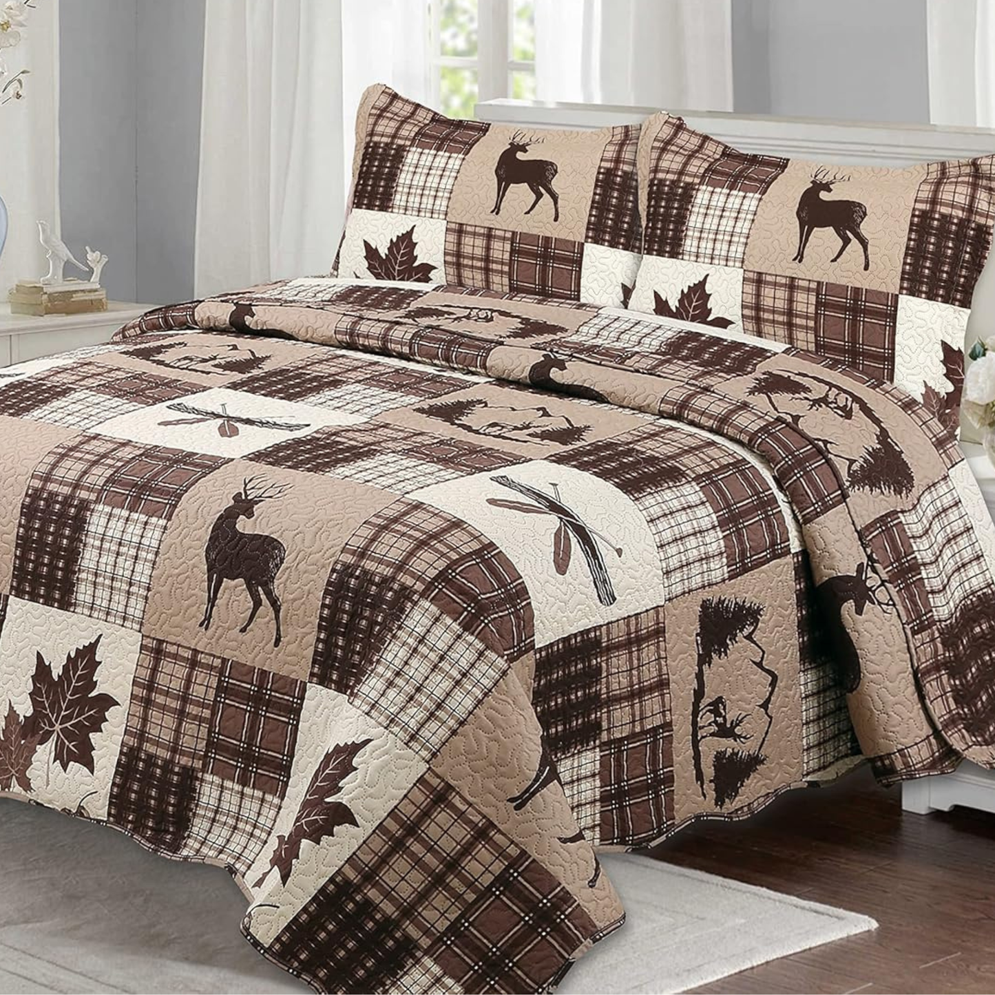 3-Piece Brown Cabin Deer & Maple Leaves Quilt Set