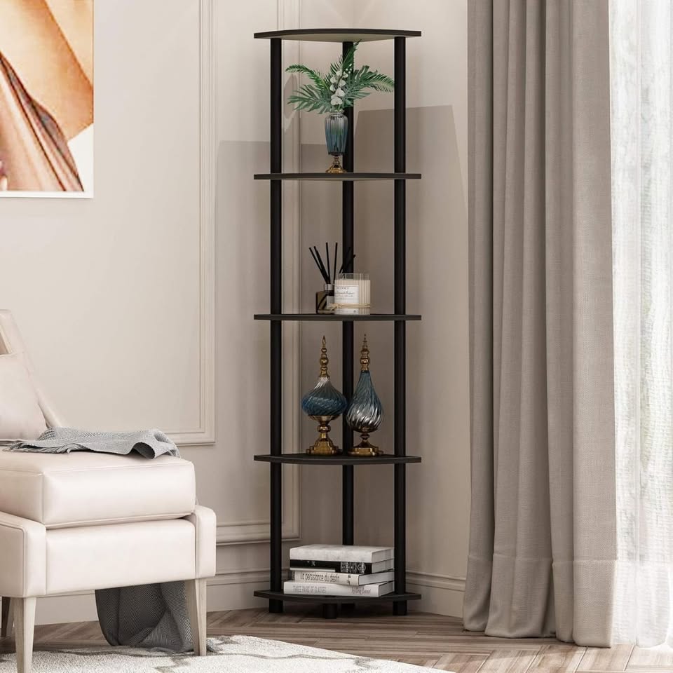 5-Tier Espresso Corner Display Shelves • Wood with PVC Tube Poles