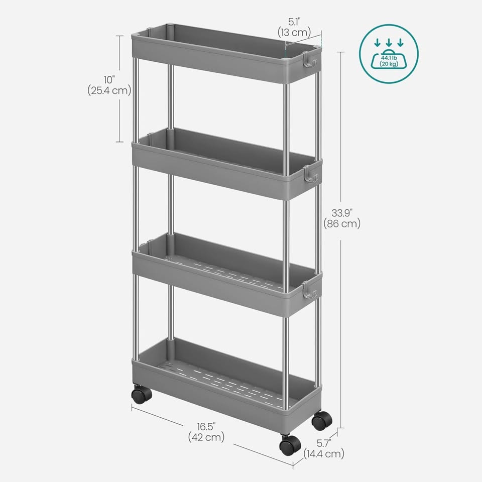 4-Tier Grey Slim / Narrow Gap Rolling Storage Cart