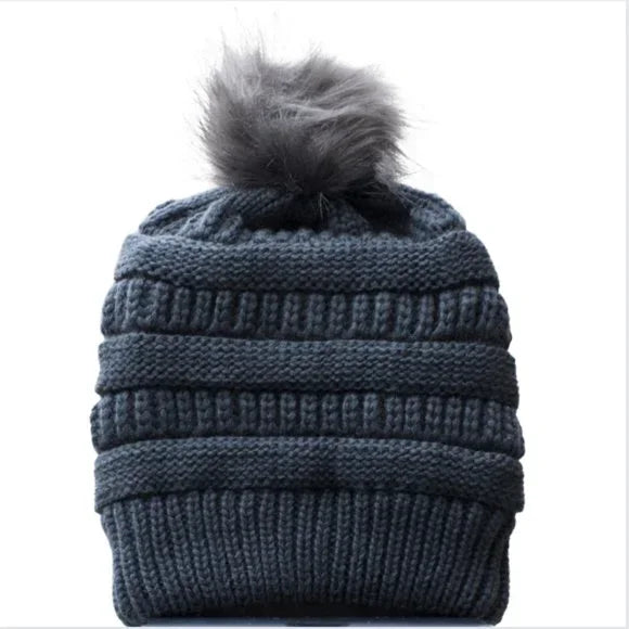 Grey Beanie Hat with Removable Faux Fur Pompoms