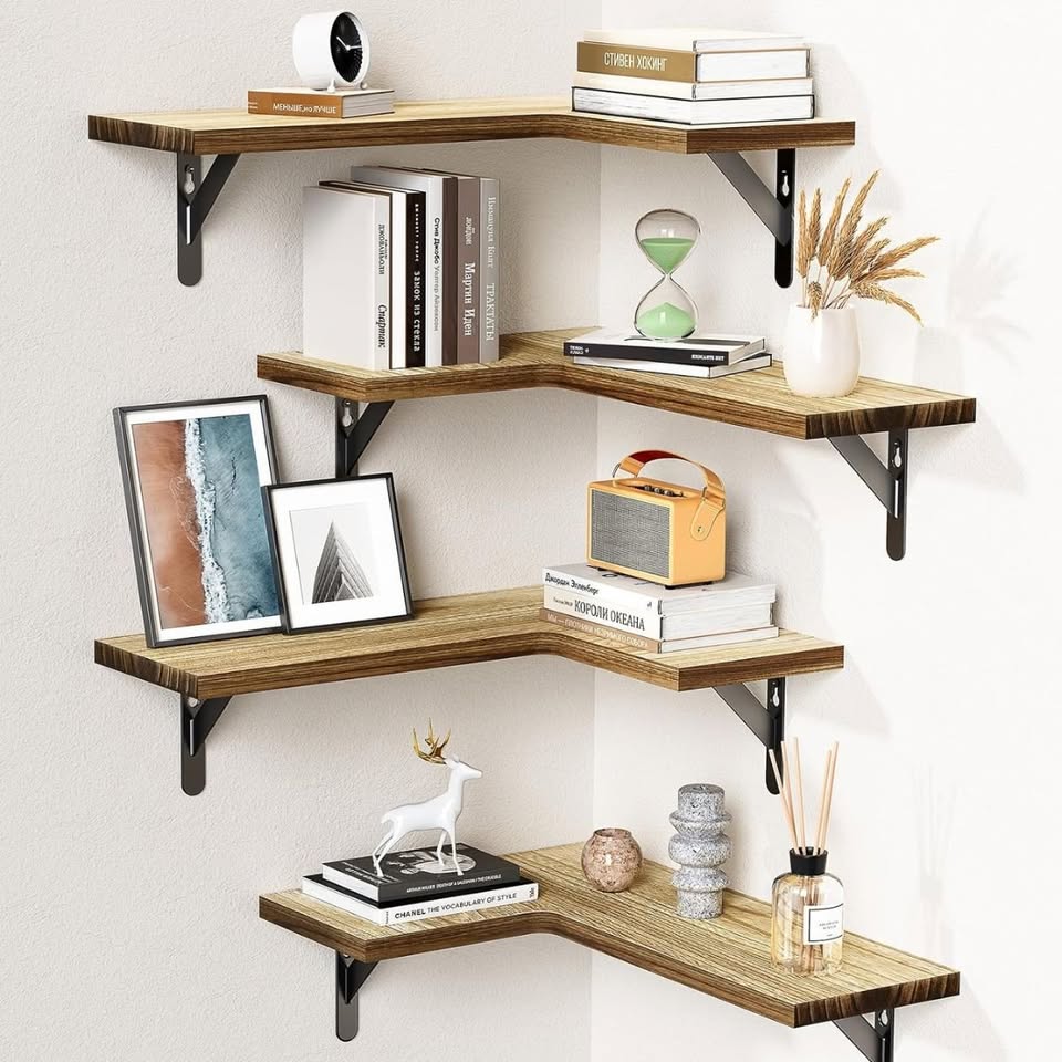 Set of 4 Natural Brown Wood Corner Floating Shelves