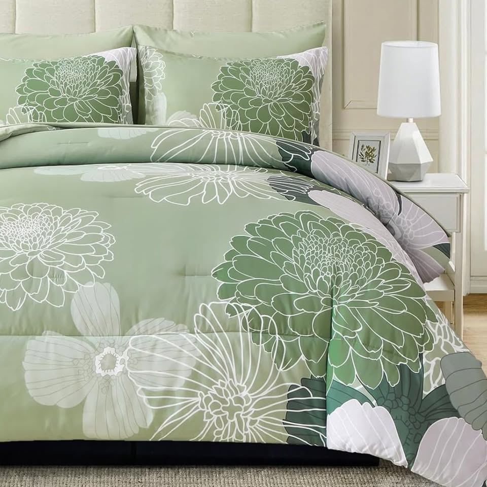 Sage Green Bohemian Floral 7 Piece Comforter Set