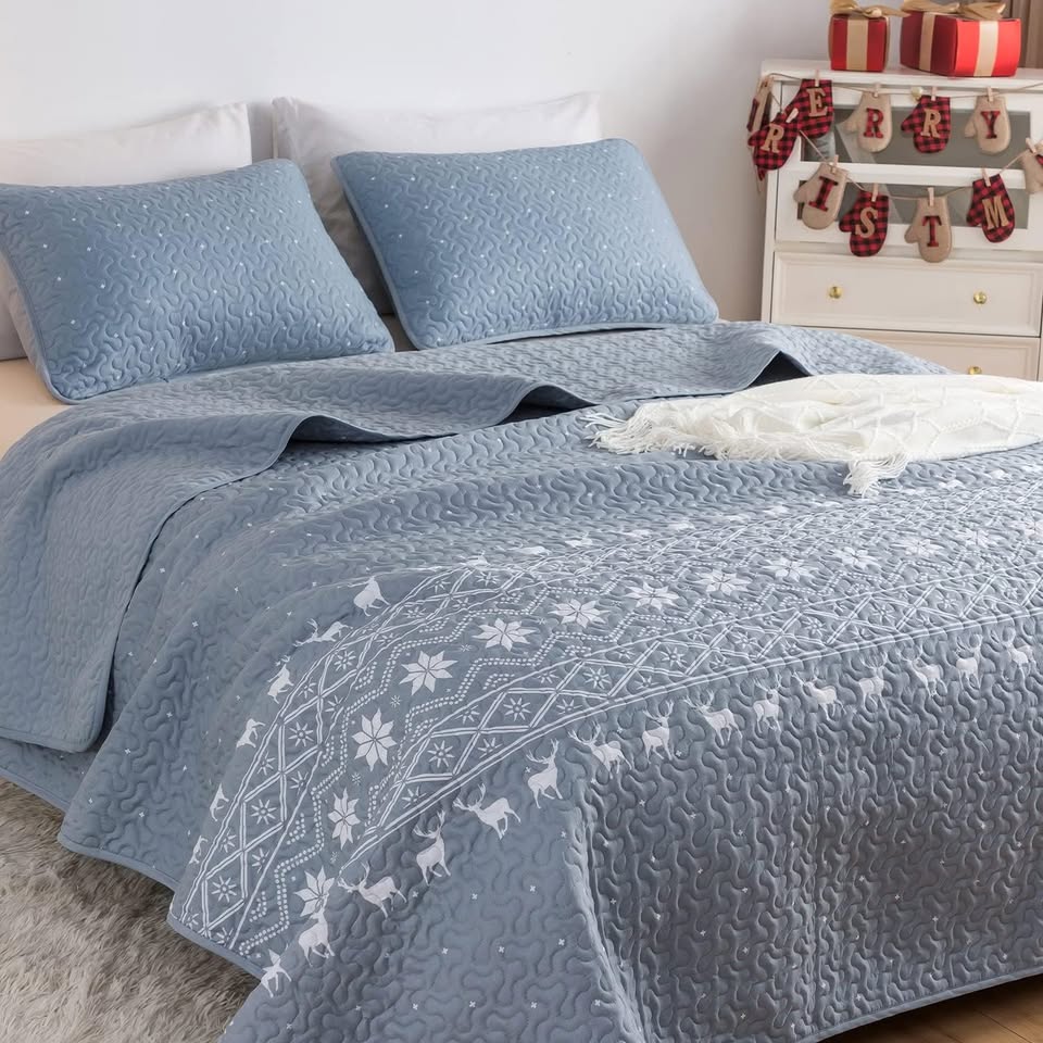 3-Piece Blue Snowflake & Deer Quilt Set