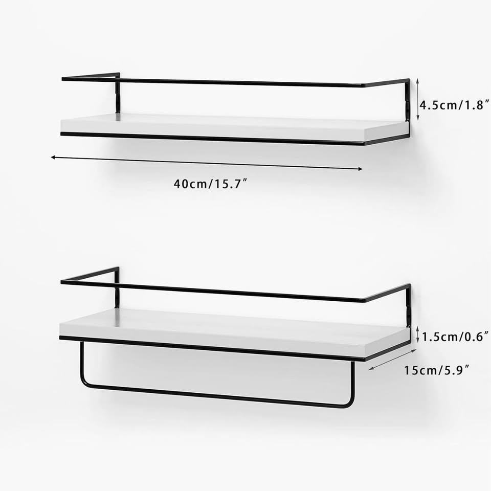 Set of 2 White with Black Metal 15.7" Floating Shelves (1 with Towel Bar)