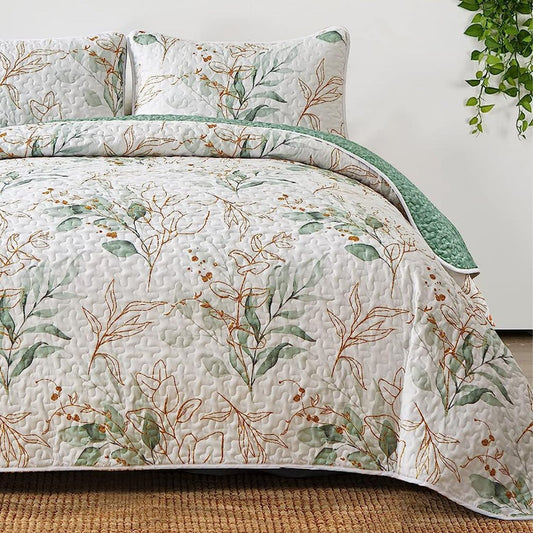 3-Piece Reversible Botanical Green & Gold Leaves Quilt Set