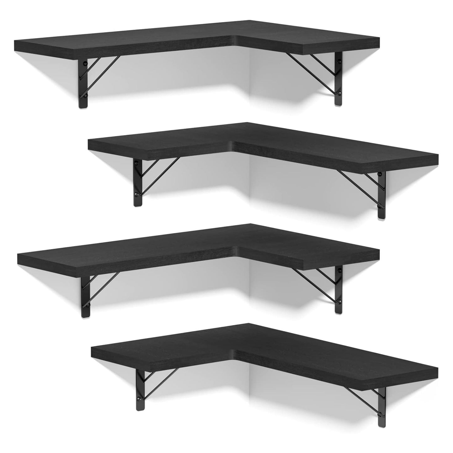 Set of 4 Black Wood Corner Floating Shelves