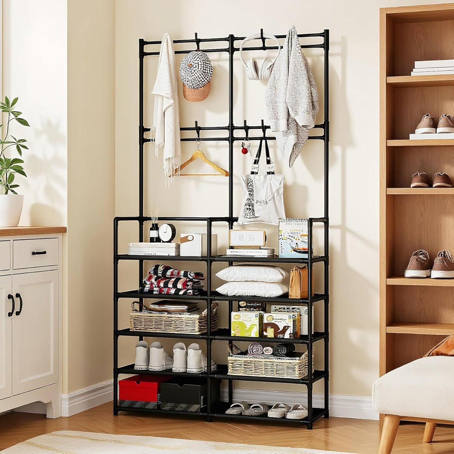New 5-Tier Double Row Lightweight 35" Hat & Shoe Rack Organizer • Waterproof Fabric Shelves • BNIB
