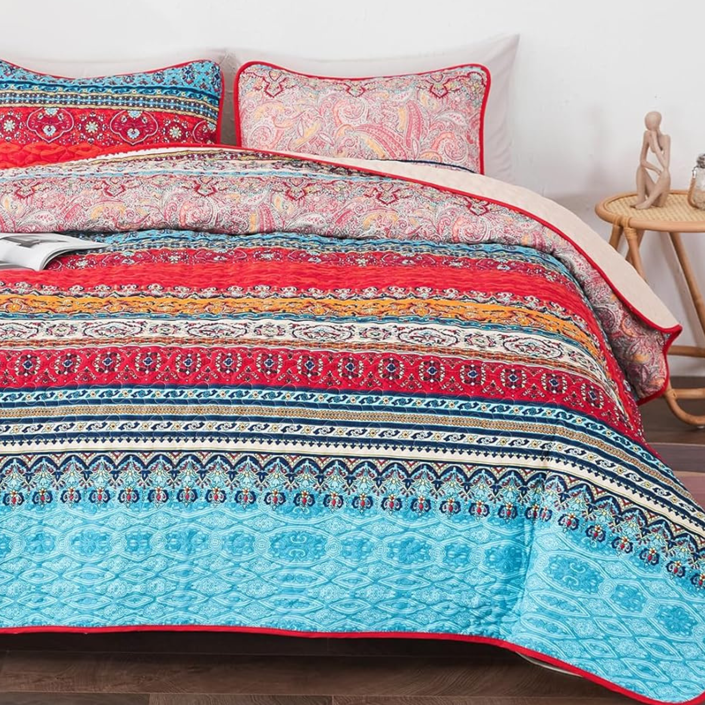3-Piece Reversible Colourful Bohemian Quilt Set
