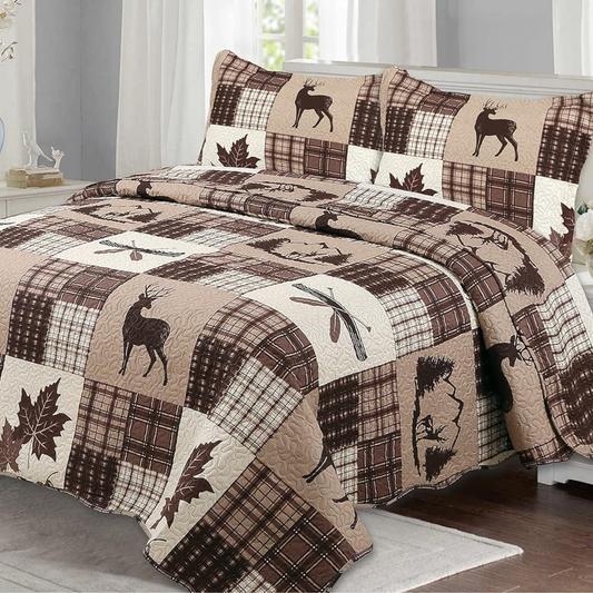 3-Piece Brown Cabin Deer & Maple Leaves Quilt Set