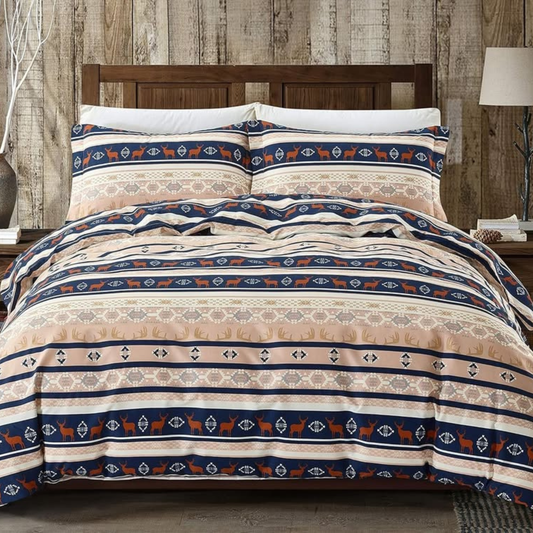 3 Piece Brown & Navy Aztec/Deer Pattern Duvet Cover Set • Zipper Closure