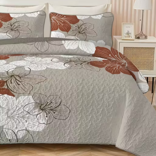 3-Piece Reversible Rust Bohemian Floral Quilt Set