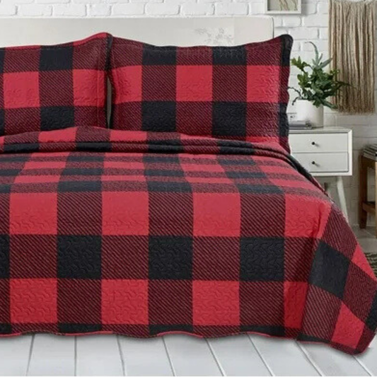 3-Piece Reversible Buffalo Plaid Red & Black Quilt Set