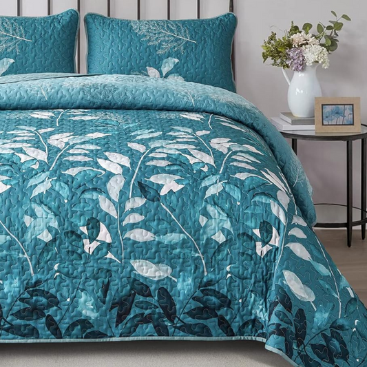 3-Piece Reversible Botanical Teal Leaves Quilt Set