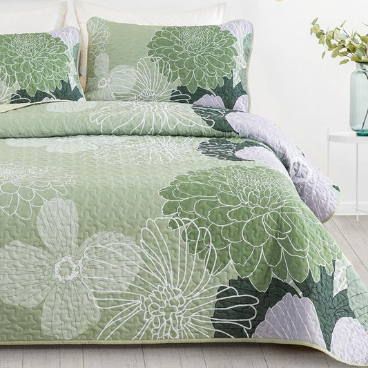 3-Piece Reversible Sage Green Bohemian Quilt Set