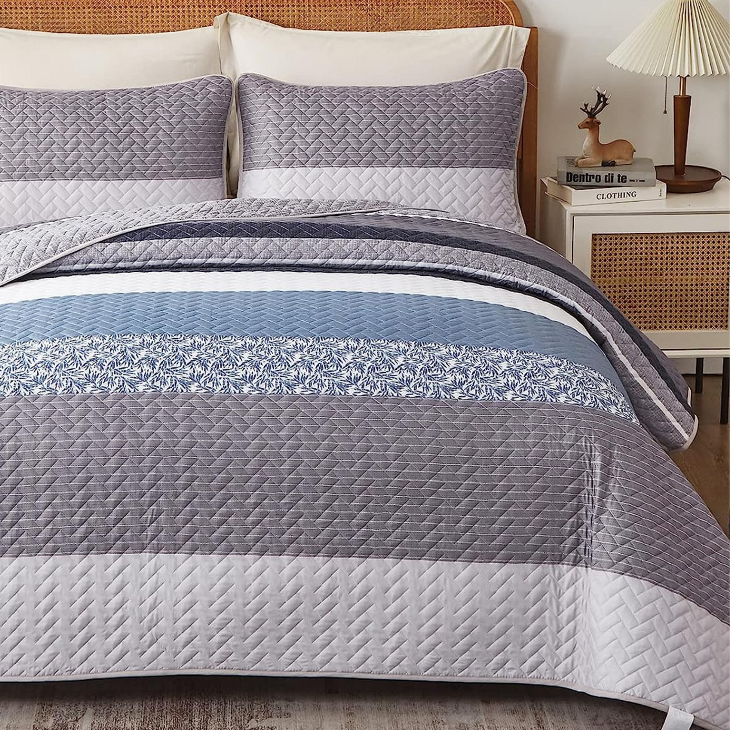 3-Piece Reversible Boho Blue Grey Quilt Set
