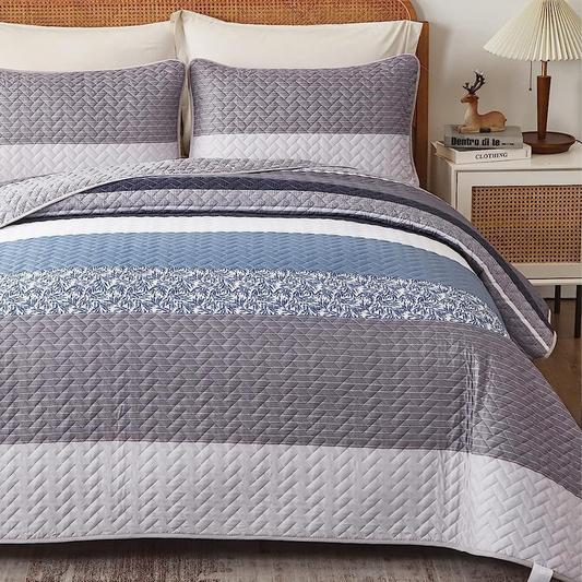 3-Piece Reversible Boho Blue Grey Quilt Set