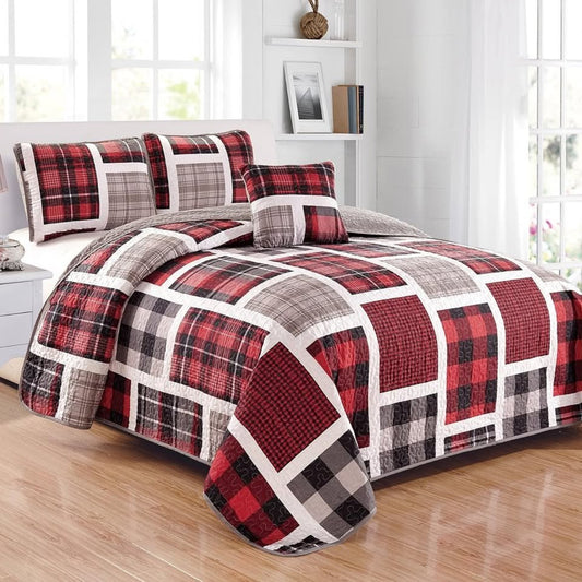 4 PC Patchwork Quilt Set with Accent Pillow • Red & Grey