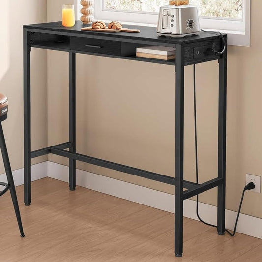 39" Black Bar Table Desk with Power Outlet & Fabric Drawer