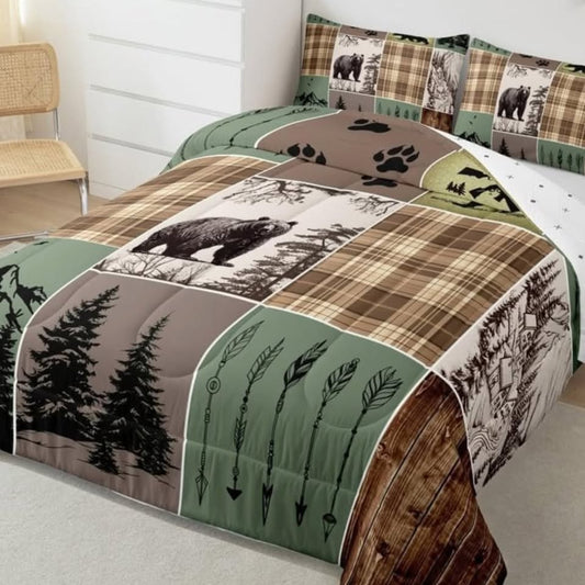 Rustic Black Bear & Lodge Patchwork 3 Piece Comforter Set