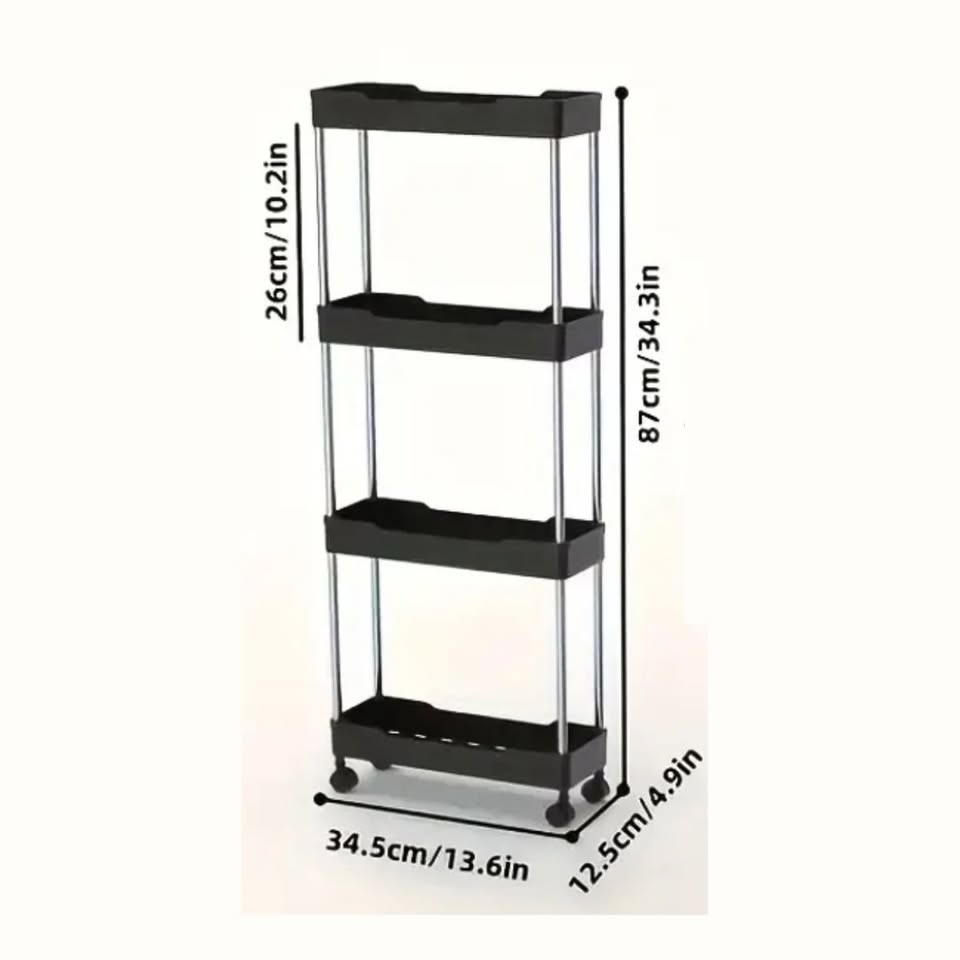 4-Tier Black Slim / Narrow Gap Rolling Storage Cart