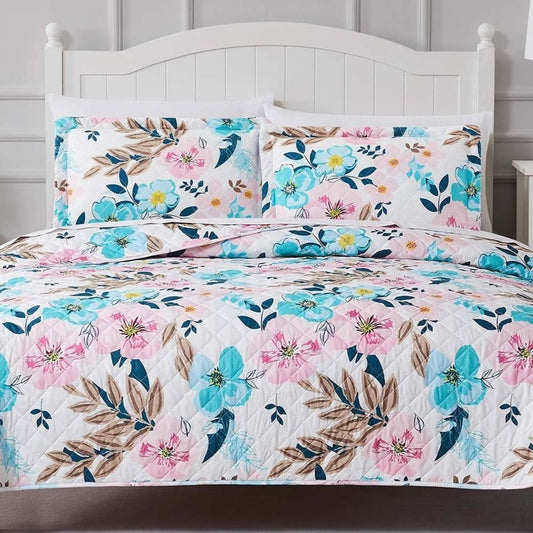 3-Piece Reversible Pink & Blue Floral Blooms Quilt Set