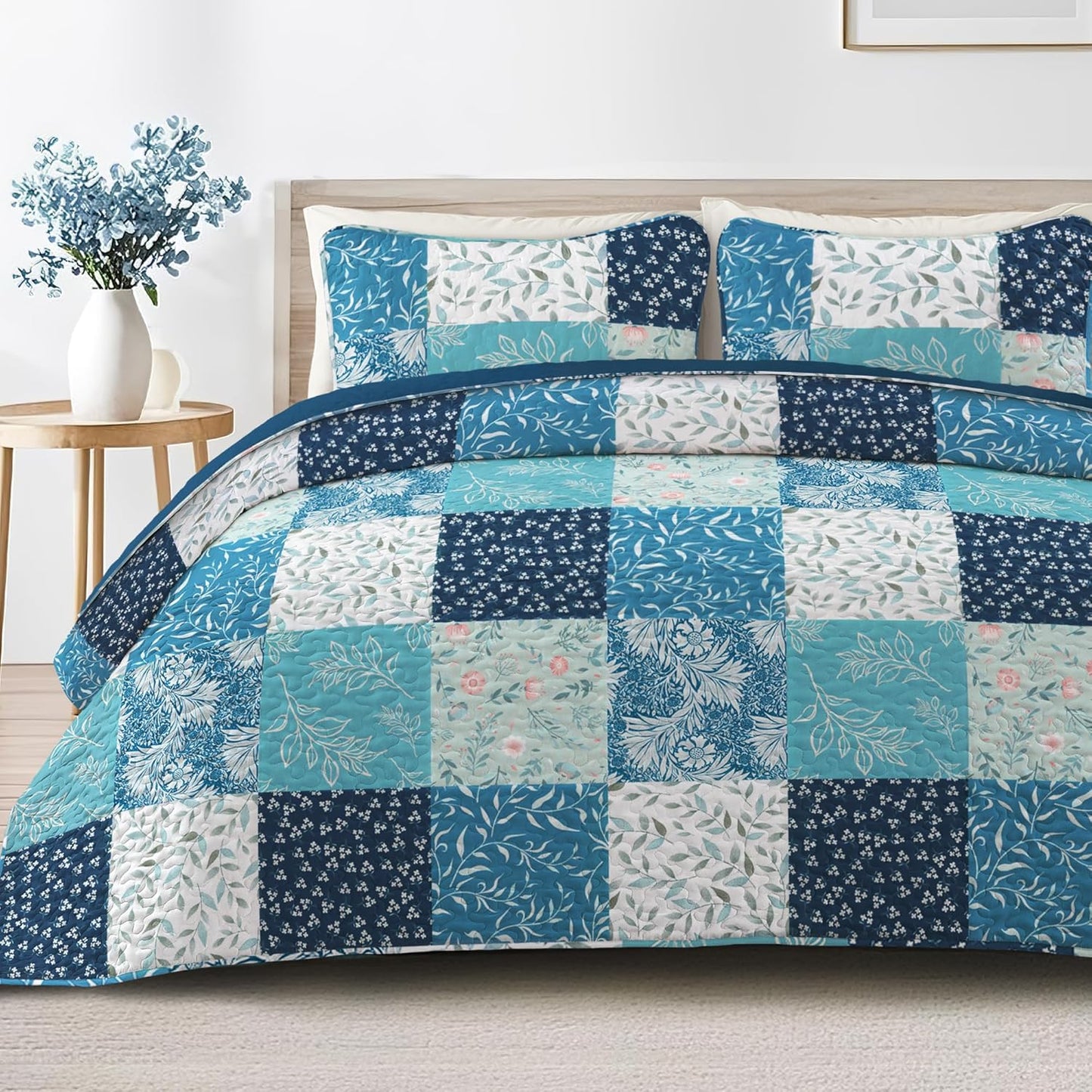 3-Piece Blue Floral Patchwork Reversible Quilt Set