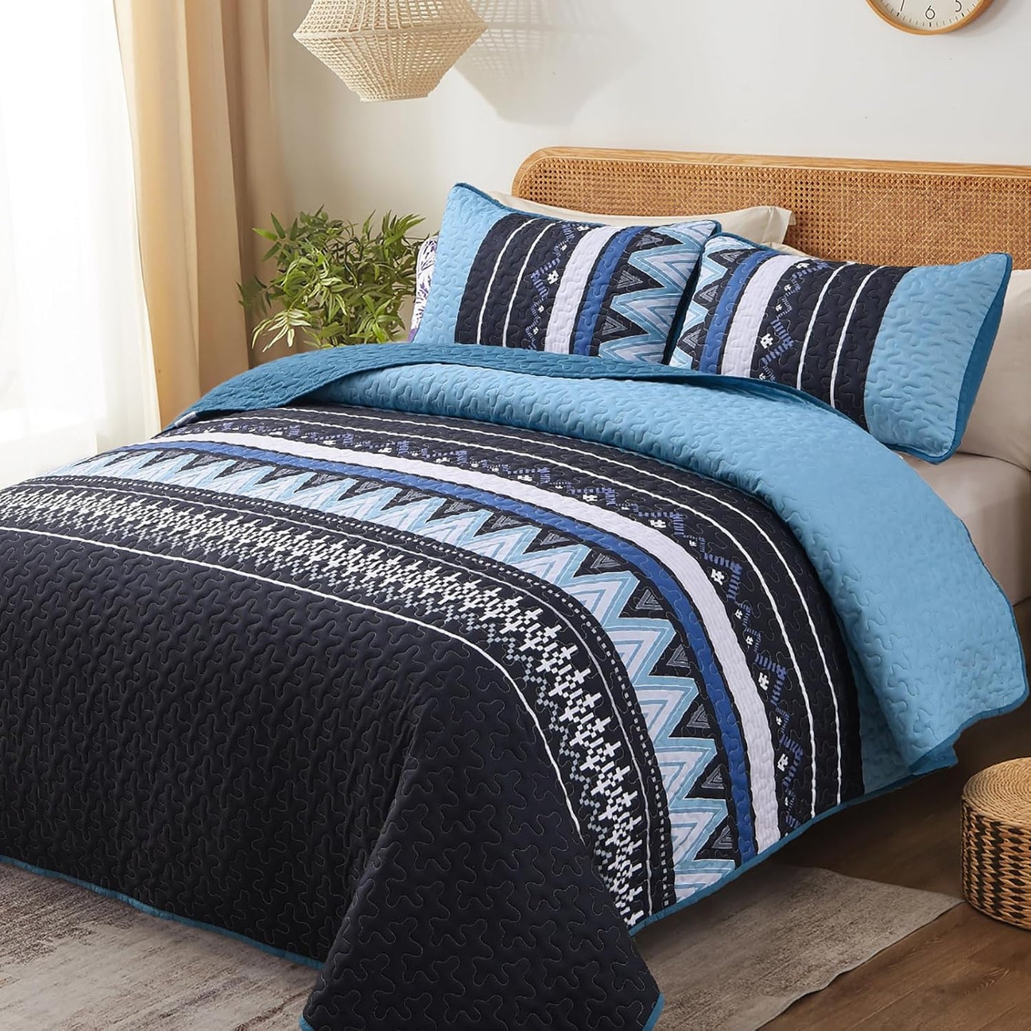 3-Piece Reversible Boho Blue & Black Quilt Set
