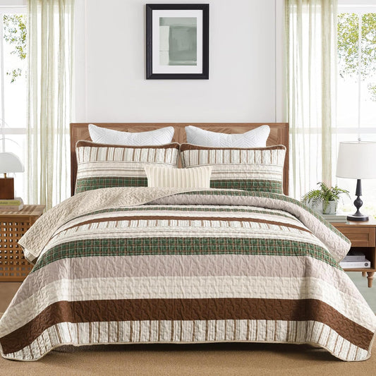 3-Piece Boho Brown & Green Stripes Quilt Set