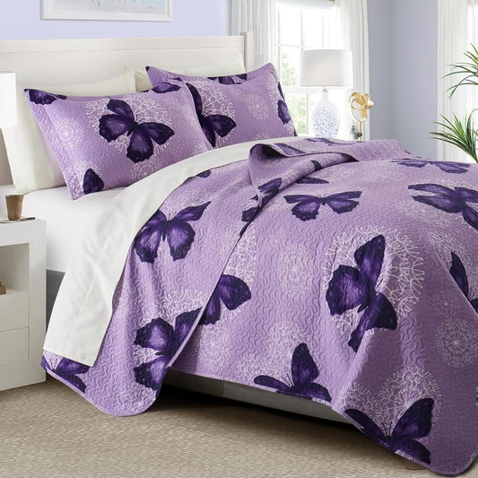 3-Piece Reversible Purple Butterflies Quilt Set