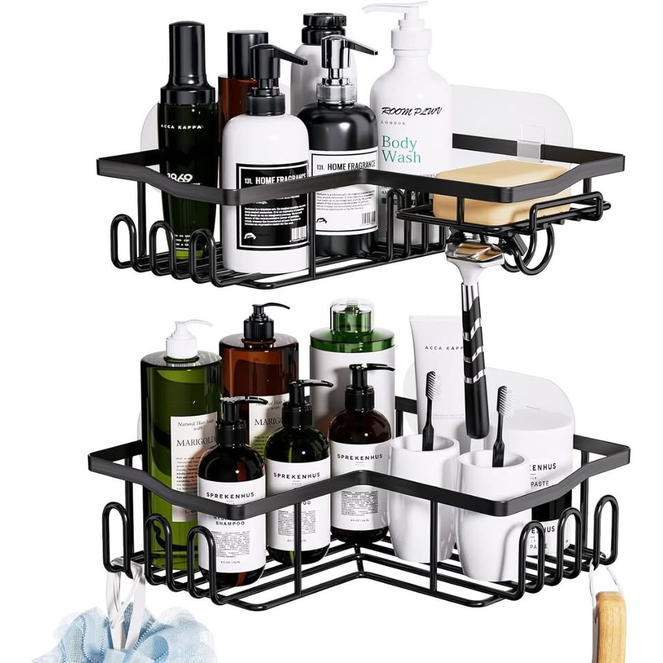 Set of 2 Black Corner Shower Caddy Baskets with Self Adhesive Hooks