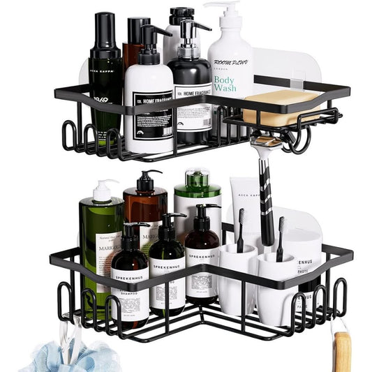 Set of 2 Black Corner Shower Caddy Baskets with Self Adhesive Hooks