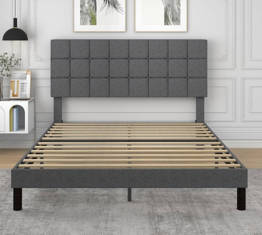 Queen Dark Grey Upholstered Platform Bed Frame