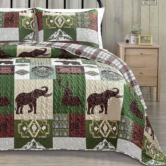 3-Piece Reversible Rustic Reversible Plaid Elephant Quilt Set