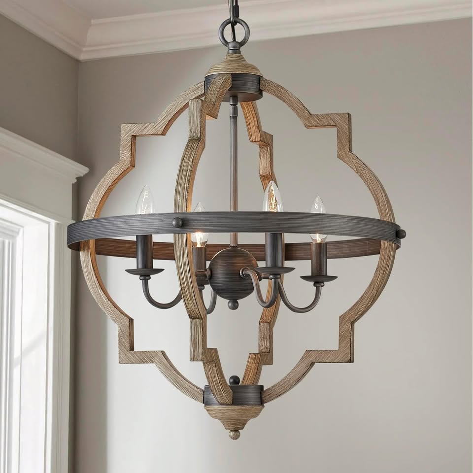 20" Rustic Globe 4-Light Distressed Oak Finish Metal Chandelier