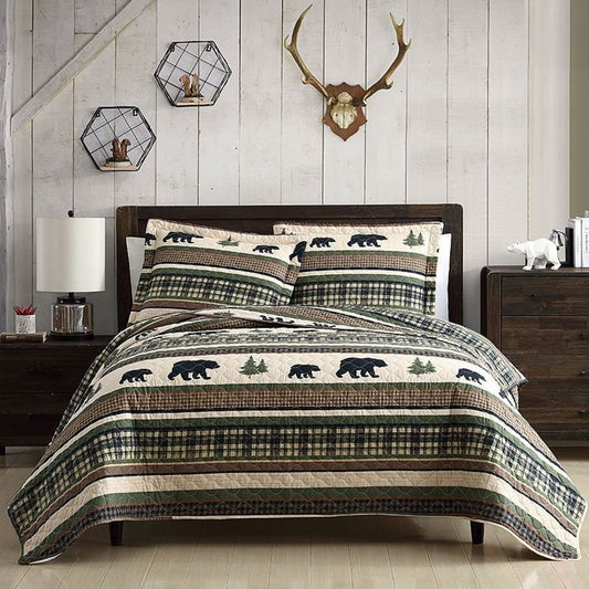 3-Piece Green & Beige Bear Quilt Set