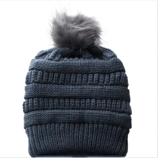 Grey Beanie Hat with Removable Faux Fur Pompoms