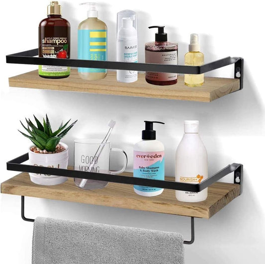 Set of 2 Light Brown & Black Metal 16.5" Floating Shelves (1 with Towel Bar)