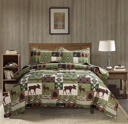 3-Piece Reversible Lodge Moose Quilt Set
