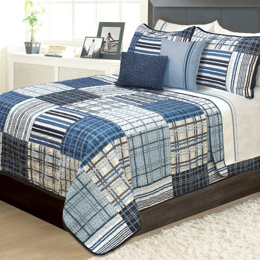 3-Piece Navy Plaid Patchwork Quilt Set