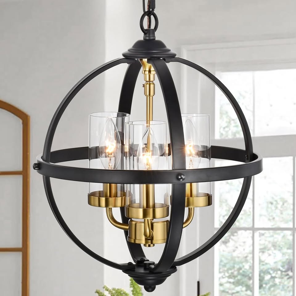 13.4" Rustic Orb 3-Light Black & Gold Metal Chandelier
