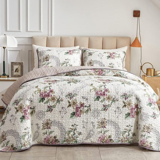 3-Piece Reversible Pink & Beige Floral Quilt Set