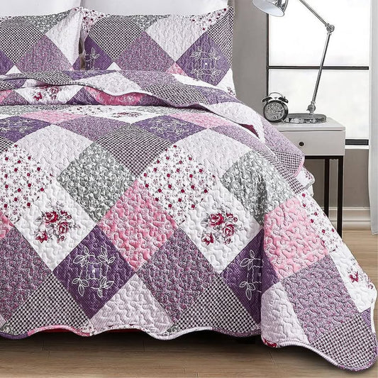 3-Piece Reversible Purple Floral Patchwork Quilt Set