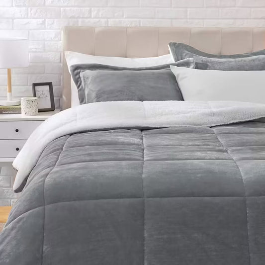 Grey 3 Piece Micromink Sherpa Comforter Set