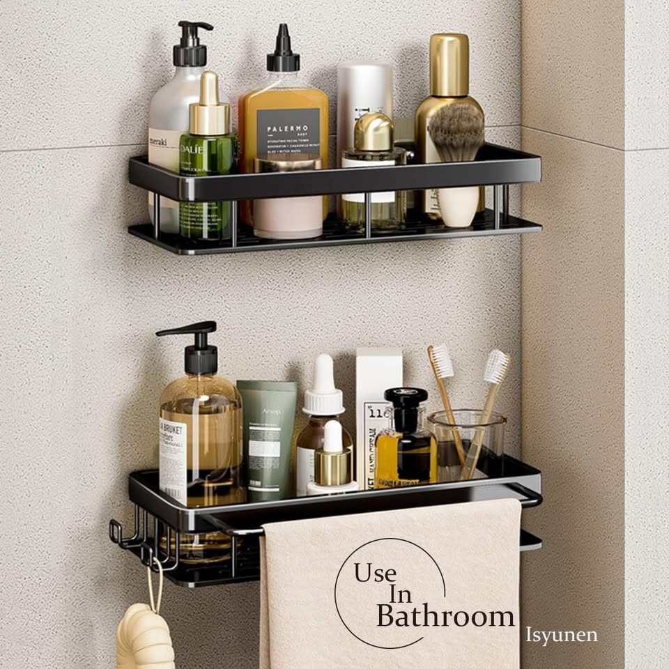 Set of 2 Black Shower Caddy Baskets with Self Adhesive Hooks
