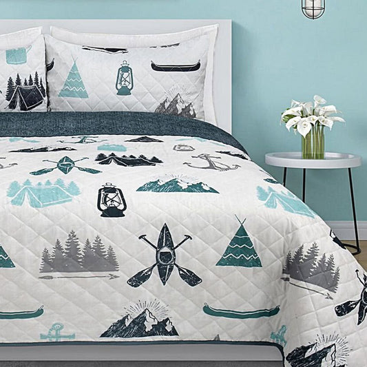 3-Piece Reversible Cabin Lake Print Quilt Set