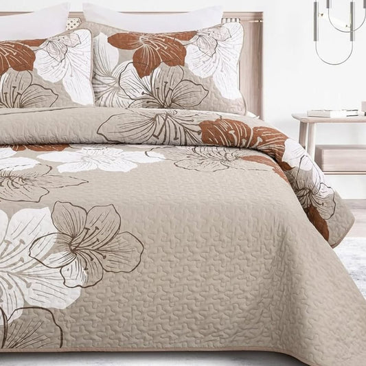 3-Piece Reversible Taupe Bohemian Floral Quilt Set