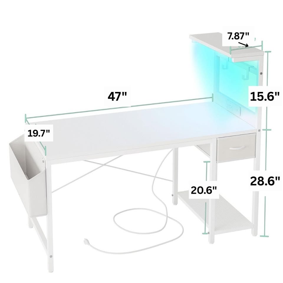 47" White Computer Gaming Desk with Power Outlet, LED Lights, Side Pocket & Drawer