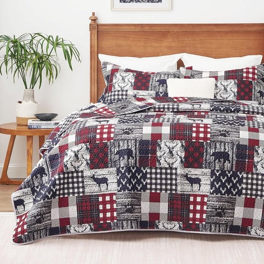 3-Piece Reversible Red Navy Rustic Wildlife Quilt Set